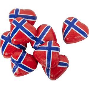 Sjokoladehjerter i nett med norske flagg 100 gram